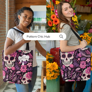 Tote Bag Gothique Cool Sugar Skull Fleurs Moderne Élégant