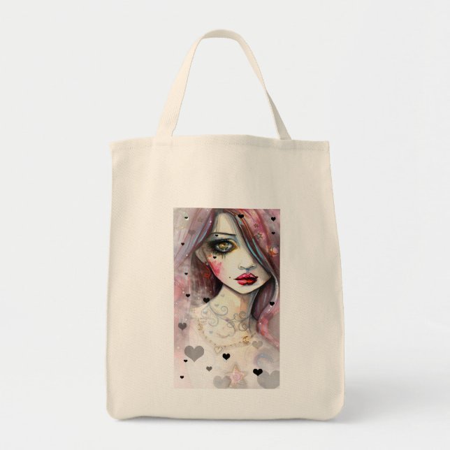Tote Bag Gothique Imaginaire Art Girl avec les coeurs (Devant)