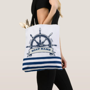 Tote Bag Gouvernail de bateau nautique, rayures blanches et