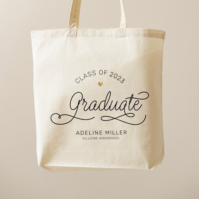 Tote Bag Graduate Modern Script Gold Heart Nom de la gradua (Créateur téléchargé)