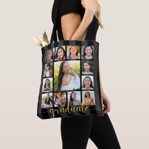 Tote Bag Graduation d'or noir K-12 13 Photo Collage Script
