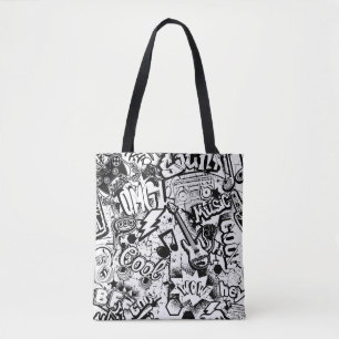 Tote Bag Graffiti Abstrait en noir et blanc 