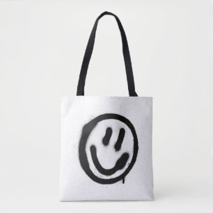 Tote Bag graffiti visage souriant émoticon en noir sur blan