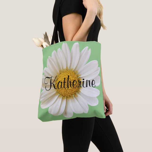 Tote Bag Grand Blanc Fleur de marguerite Nom personnalisé (De près)