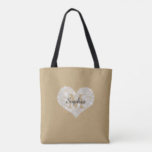 Tote Bag Grand Coeur Diamant, Monogramme Or, Nom Du Script