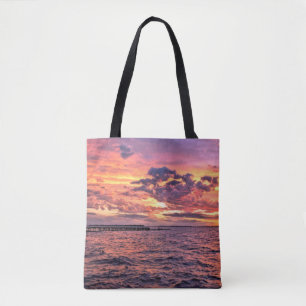 Tote Bag Grand coucher de soleil coloré sur la plage d'eau,