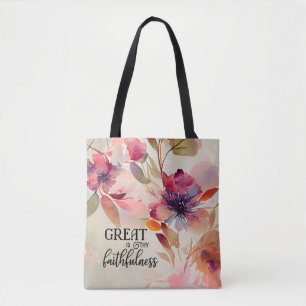 Tote Bag Grand est ta fidélité Christian Hymn Floral
