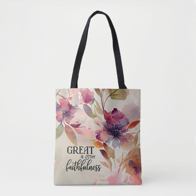 Tote Bag Grand est ta fidélité Christian Hymn Floral (Devant)
