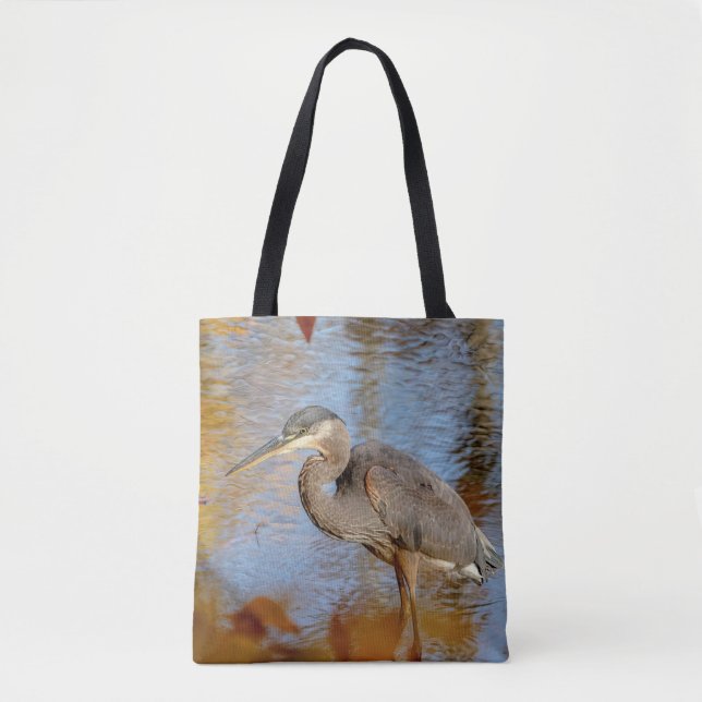 Tote Bag Grand Héron Bleu encadré de feuillage de chute (Devant)