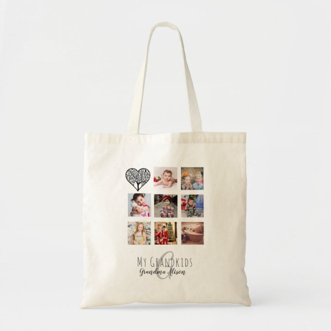 Tote Bag Grand-mère aime sa famille arbre photo collage Cad (Devant)