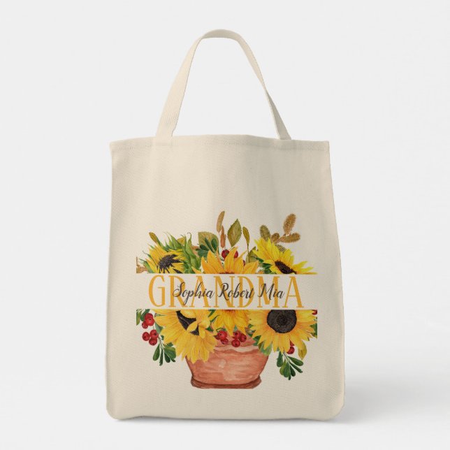 Tote Bag Grand-mère Petits-enfants Noms Fleurs de soleil (Dos)