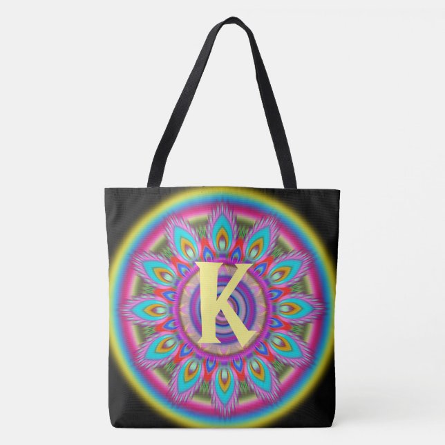 Tote Bag Grand NOIR psychédélique initial fait sur commande (Devant)