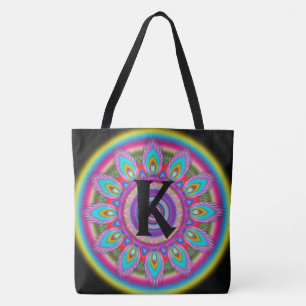 Tote Bag Grand NOIR psychédélique initial fait sur commande