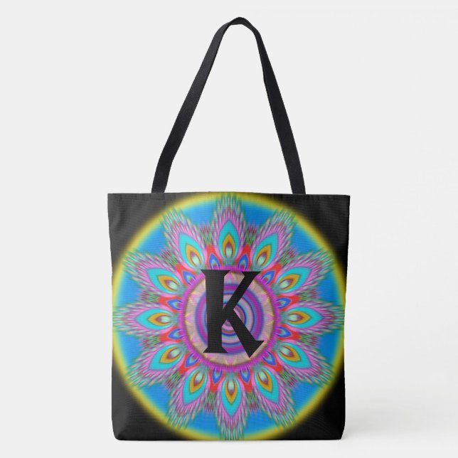 Tote Bag Grand NOIR psychédélique initial fait sur commande (Devant)