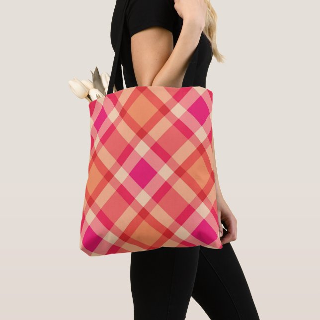 Tote Bag Grand Plaid moderne, orange, corail et rose Fuchsi (De près)