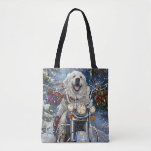 Tote Bag Grand Pyrenees Chien Conduisant une Moto Noël