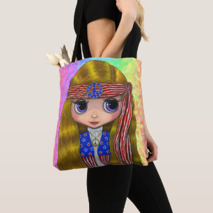Tote Bag Grande poupée de fille d'oeil de poussin hippie