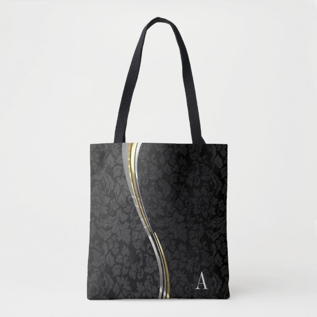 Tote Bag Grandes ondes monogrammes en damas noir (Devant)