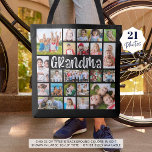 Tote Bag Grandma moderne 21 Photo Collage Couleurs personna<br><div class="desc">Créez facilement un sac fourre-tout de conservation de souvenirs photo moderne pour une grand-mère en utilisant ce modèle de collage photo facile à télécharger avec 21 photos de ses petits-enfants dans différentes tailles et formes dans votre choix de titre et de couleurs arrière - plans (montré en blanc sur noir)....</div>