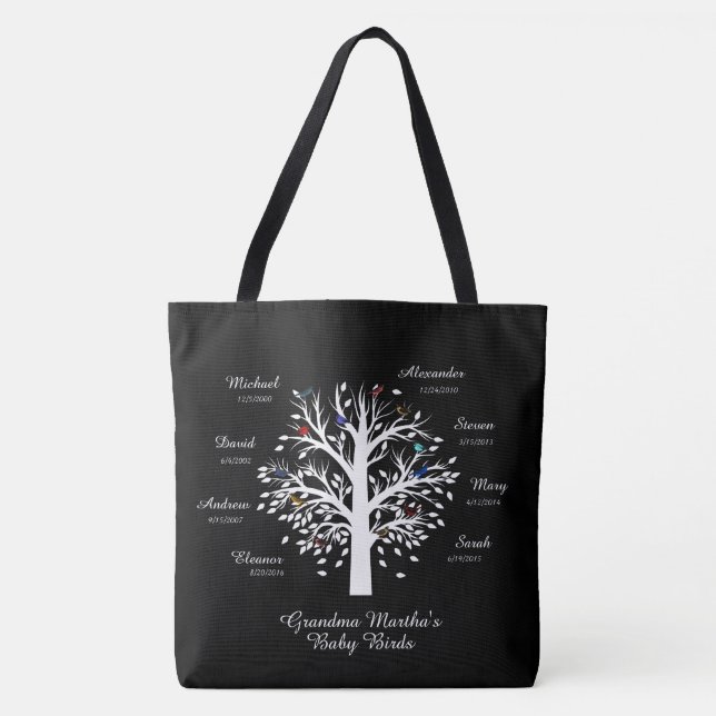 Tote Bag Grandma Tree (oiseaux) noms/dates personnalisés (Devant)