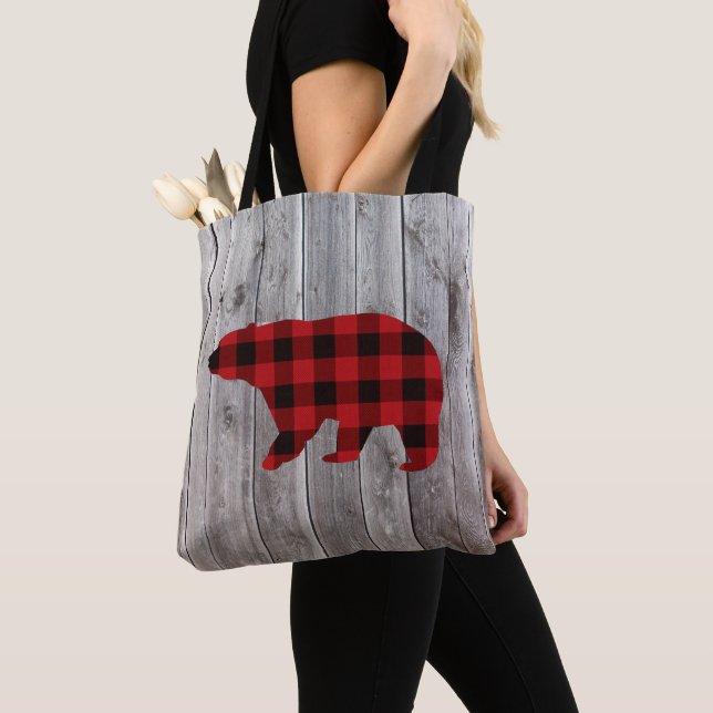 Tote Bag grange rustique bois noël bison rouge plaid ours (De près)