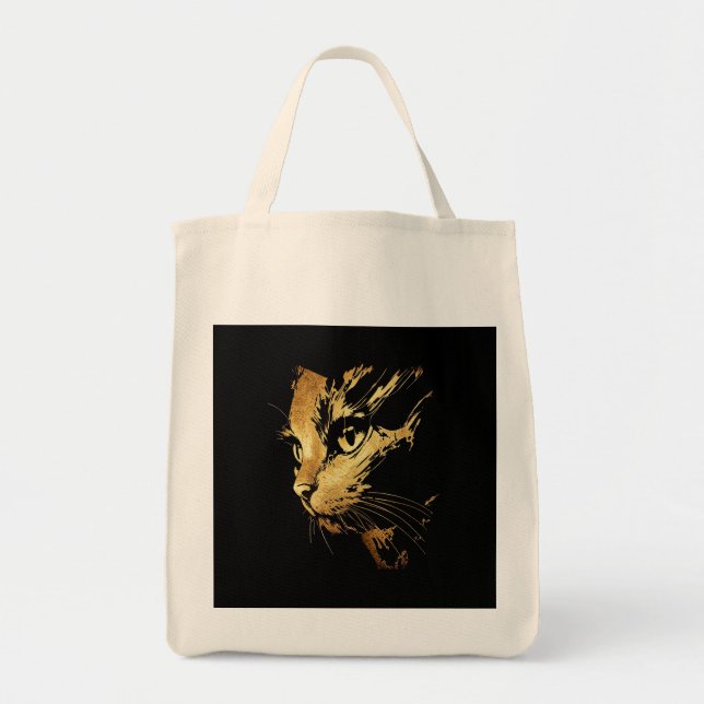 Tote Bag Graphique Élégant Chat Noir et Or Texturé (Devant)
