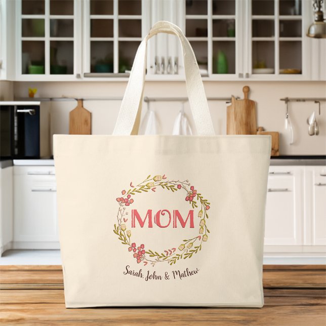 Tote Bag Graphique Floral Maman avec des noms d'enfants (Créateur téléchargé)
