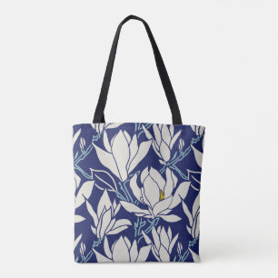 Tote Bag Graphisme de magnolia en motif indigo