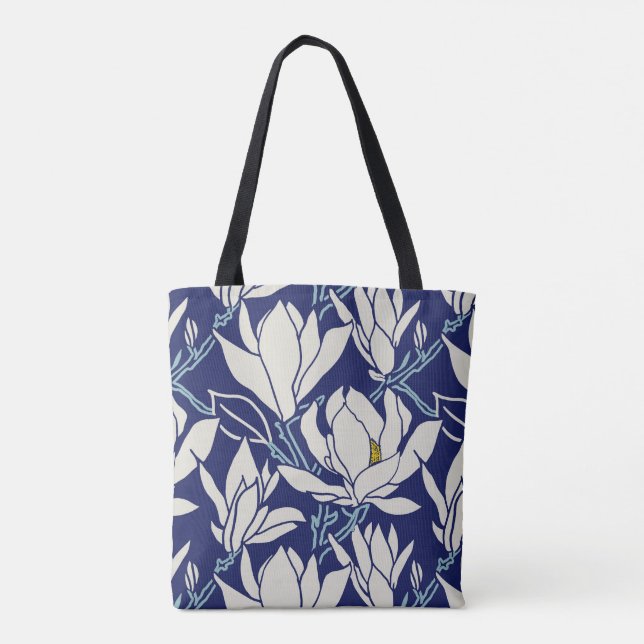 Tote Bag Graphisme de magnolia en motif indigo (Dos)