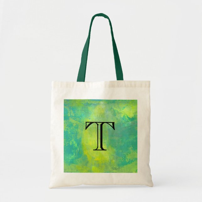 Tote Bag Gras Abstrait en vert et jaune Monographie initial (Devant)