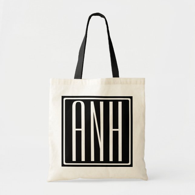Tote Bag Gras Moderne 3 Initiales Monogramme | Blanc sur no (Devant)