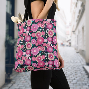 Tote Bag Gras motifs floraux rose et bordeaux Fourre-tout