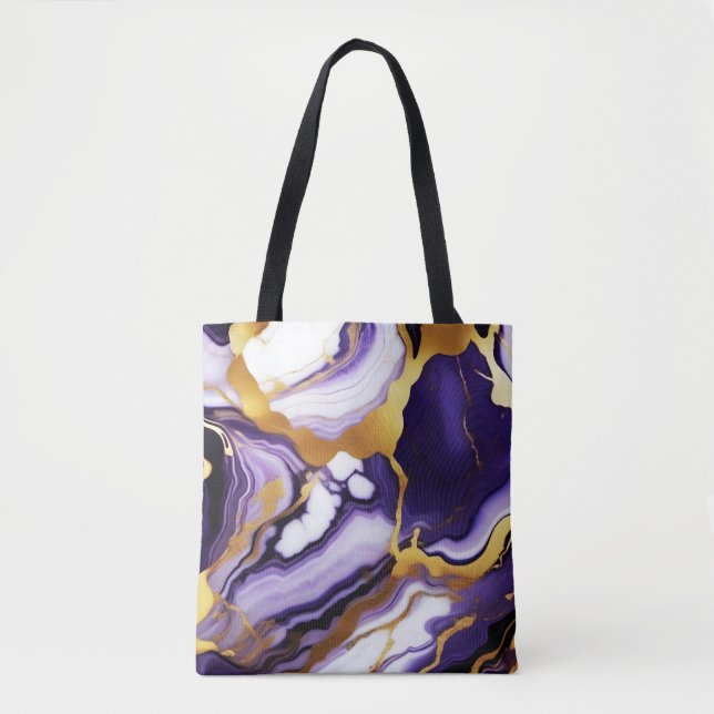 Tote Bag Gras Trendy violet jaune or faux marbre (Devant)