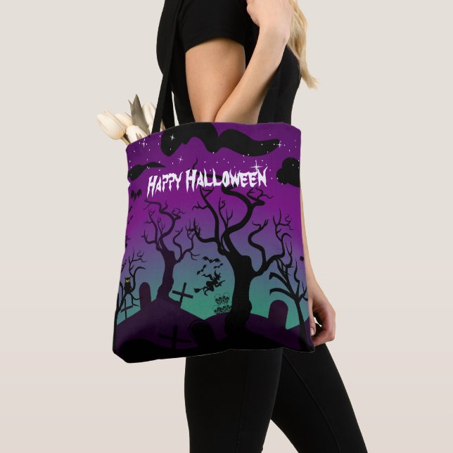 Tote Bag Graveyard noir, violet, turquoise Joyeux Halloween (De près)