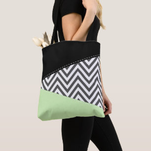 Tote Bag Gray Zigzag, Gray Chevron, Zigzag Pattern, Mint