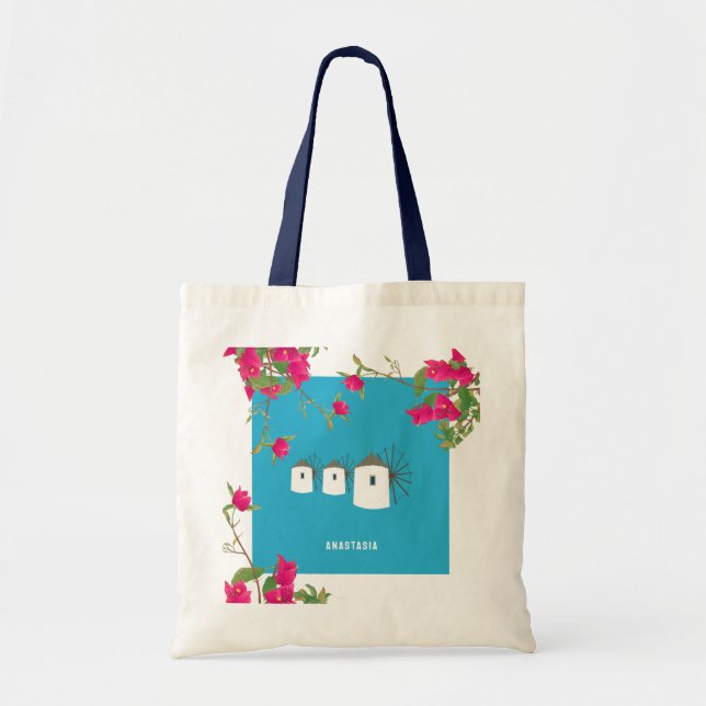 Tote Bag Grèce Bougainvilliers Ile grecque Windmills Nom (Devant)