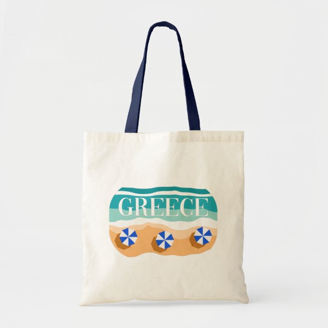 Tote Bag Grèce : Plage de sable avec Parasols Bleus et Vagu (Devant)