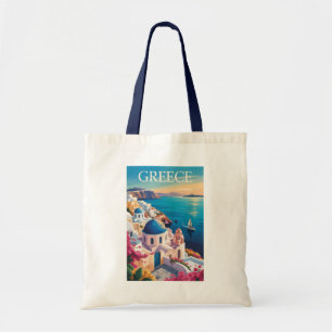 Tote Bag Grèce Santorin Illustration Voyage Art Vintage