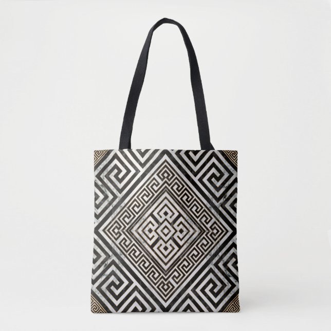 Tote Bag Greek Meander - Greek Key Black and White Marble (Devant)