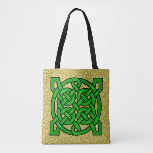 Tote Bag Green Celtic Knots Gold Faux Parties scintillant