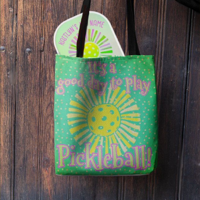 Tote Bag Green Good Day pour jouer au Pickleball (Pretty green background for this pickleball tote bag.)