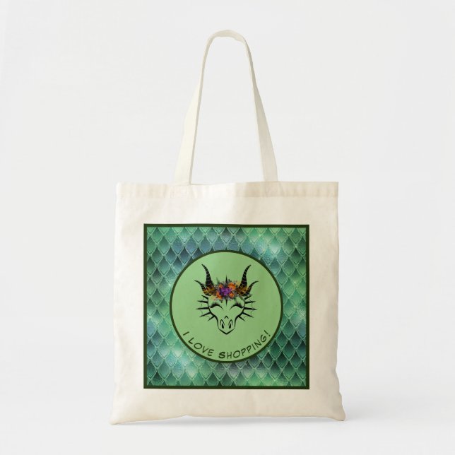 Tote Bag Green I Love Shopping Dragon Head & Scales (Devant)