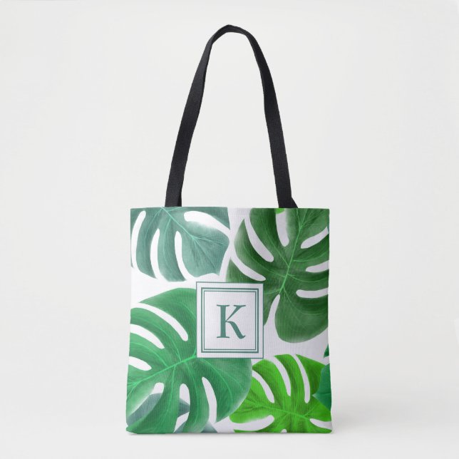 Tote Bag Green Monstera Plante Feuille Motif Monogramme (Devant)