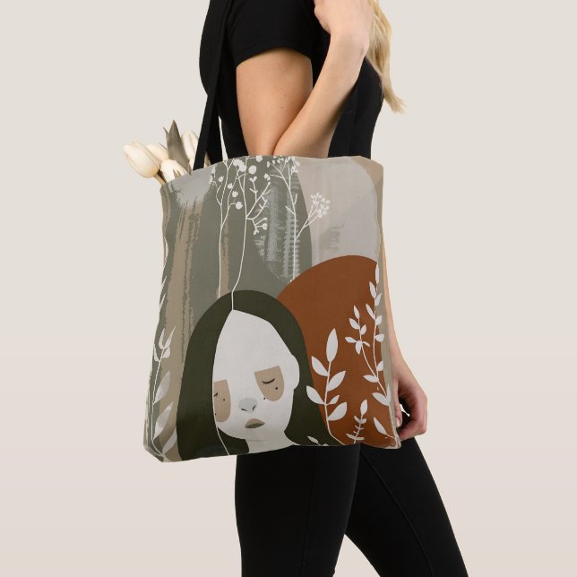 Tote Bag Green Rust Tan Empowering Woman Abstract  (De près)