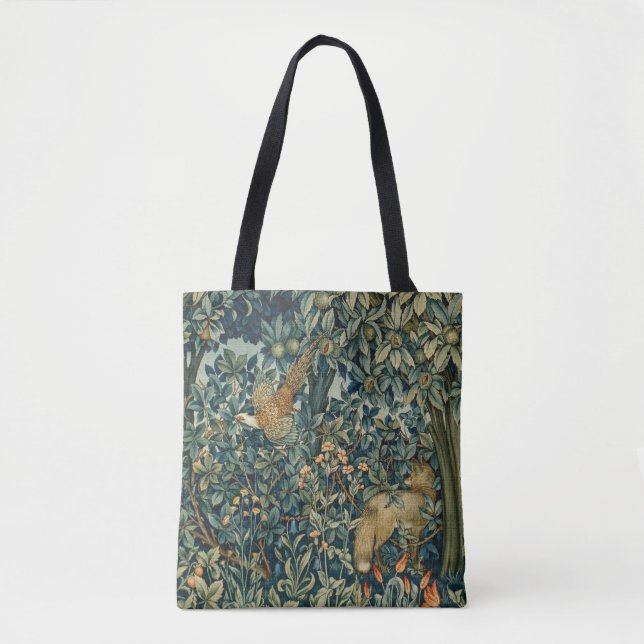 Tote Bag GREENERY, FOREST ANIMALS Pheasant, Fox, Green Flor (Devant)