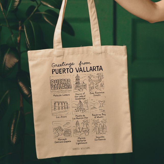 Tote Bag Greetings from Puerto Vallarta | Hand-Drawn Sketch (Créateur téléchargé)