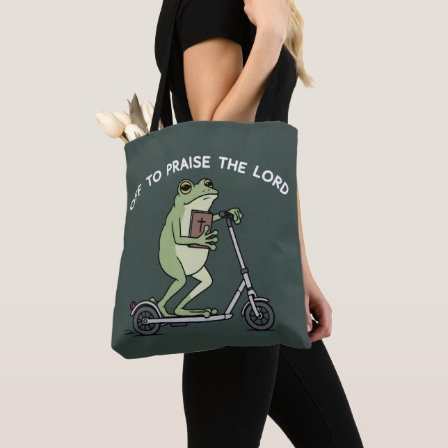Tote Bag Grenouille drôle chrétienne part pour louer le Sei (De près)