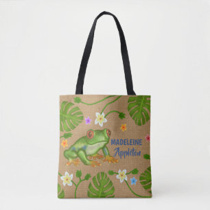 Tote Bag Grenouille Fleurs Feuilles tropicales Nom person
