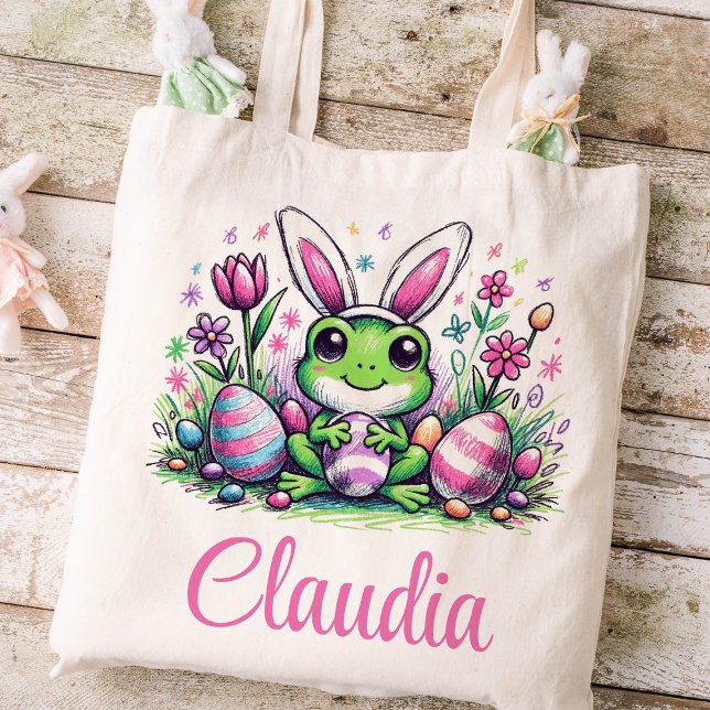Tote Bag Grenouille Pâques Nom Enfants Filles Lapin (Frog Girls Easter Tote)