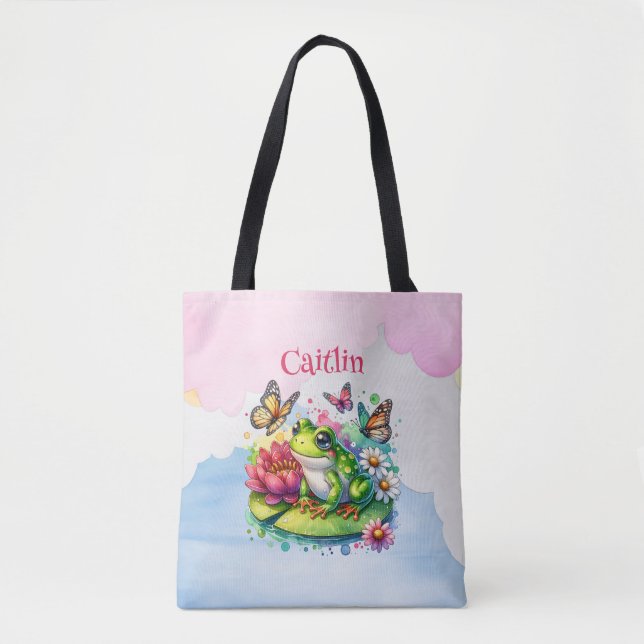 Tote Bag Grenouille personnalisée, fleurs et papillons bébé (Devant)